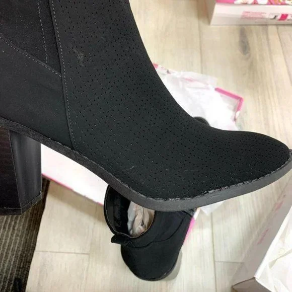 Black Perforated Design Ankle Heeled Boots - Picture 14 of 15